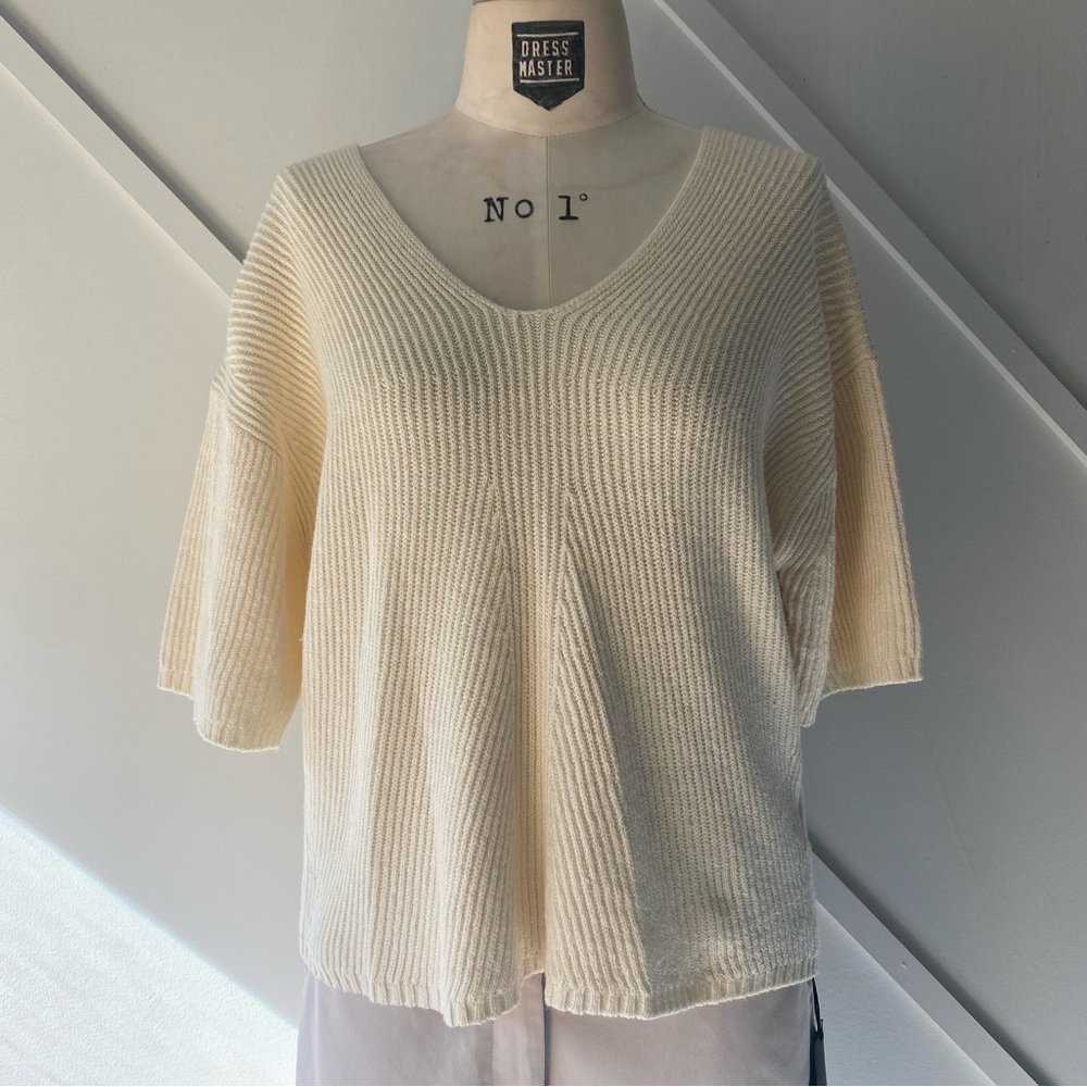 JOSEPH Linen Blend Ribbed V-Neck Top XS Cream Ivory Relaxed NWT | Quiet Luxury